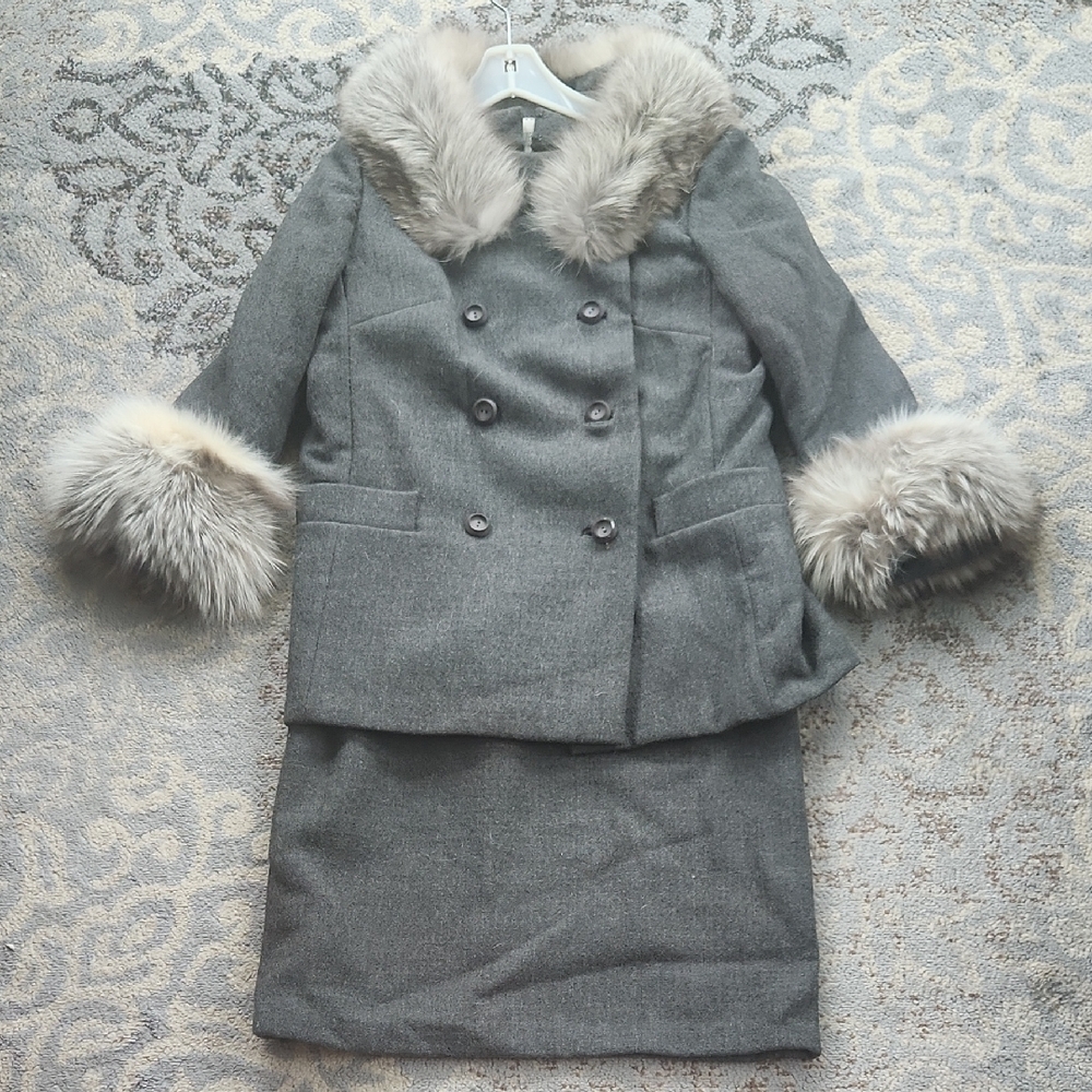 Vintage Gino Rossi Rabbit Fur Jacket & Dress Set Gray